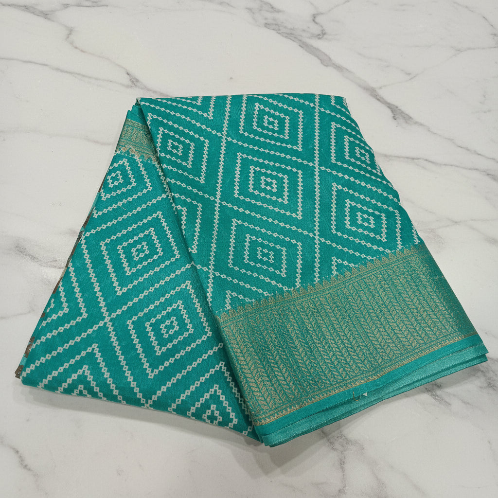 Cotton Polyester Trendy Modern Saree with Flowy Drape in Geometric Diamond Printed Pattern in Light Green Color