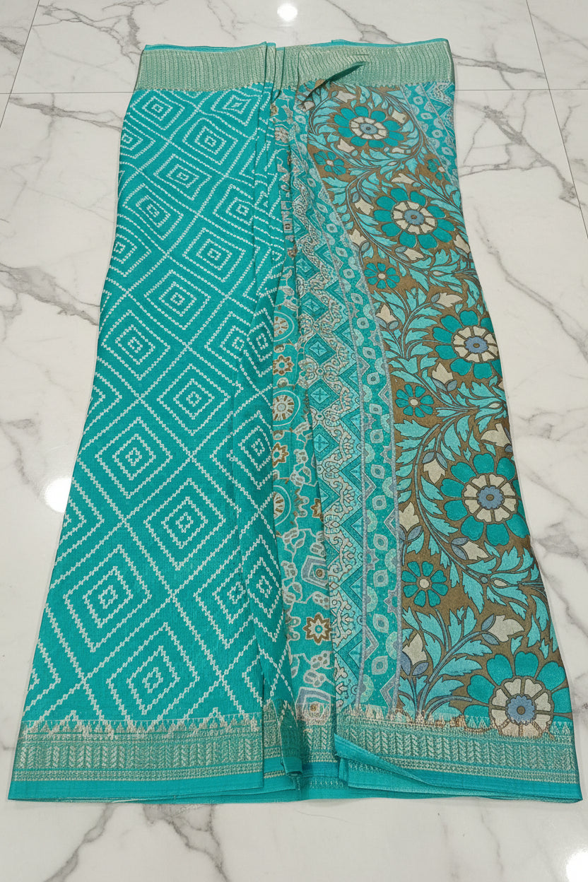 Cotton Polyester Trendy Modern Saree with Flowy Drape in Geometric Diamond Printed Pattern in Light Green Color