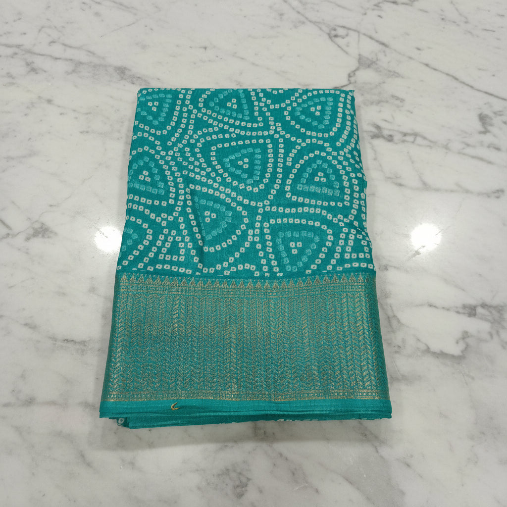 Cotton Polyester Trendy Modern Saree with Flowy Drape in Geometric Printed Pattern in Turquoise Green Color