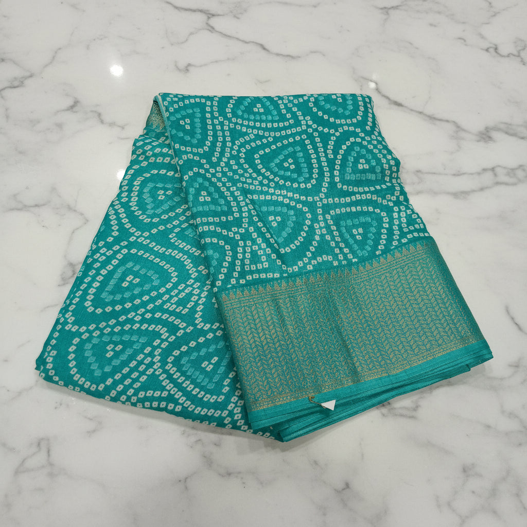 Cotton Polyester Trendy Modern Saree with Flowy Drape in Geometric Printed Pattern in Turquoise Green Color
