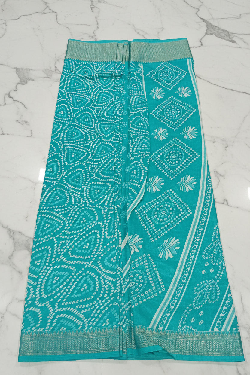 Cotton Polyester Trendy Modern Saree with Flowy Drape in Geometric Printed Pattern in Turquoise Green Color