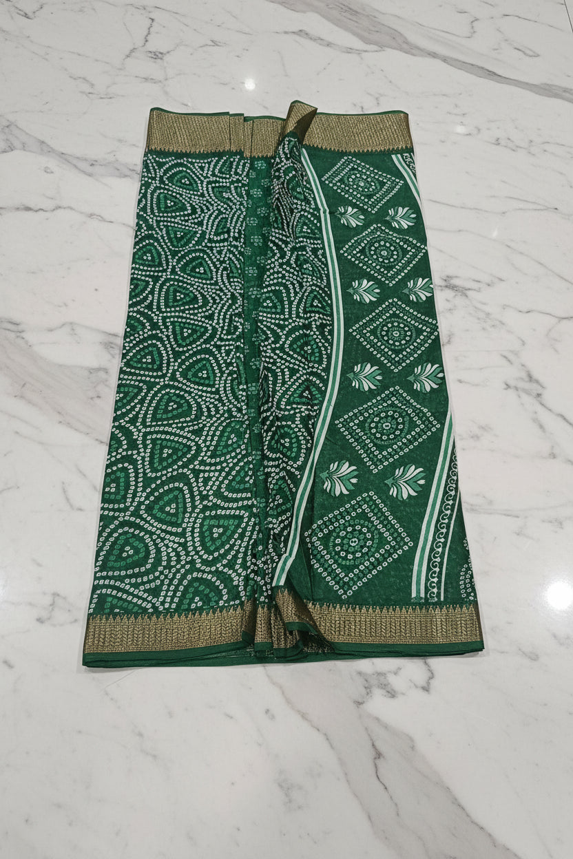 Cotton Polyester Trendy Modern Saree with Flowy Drape in Geometric Printed Pattern in Leaf Green Color