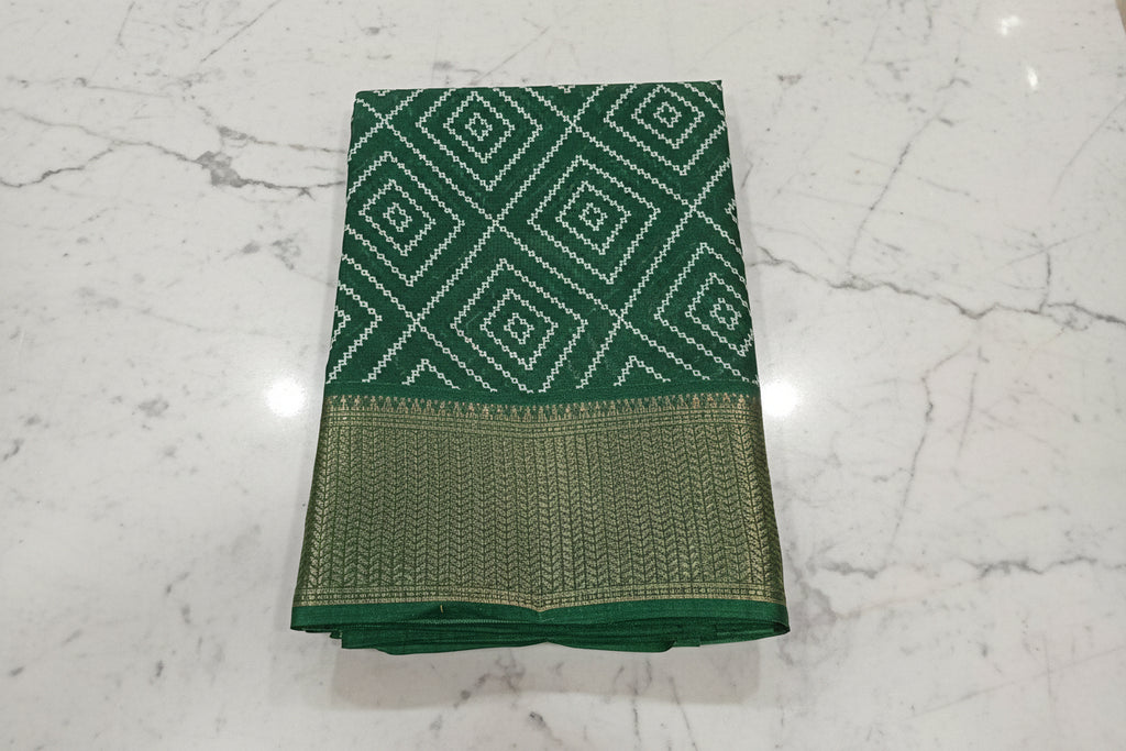 Cotton Polyester Trendy Modern Saree with Flowy Drape in Geometric Diamond Printed Pattern in Green Color
