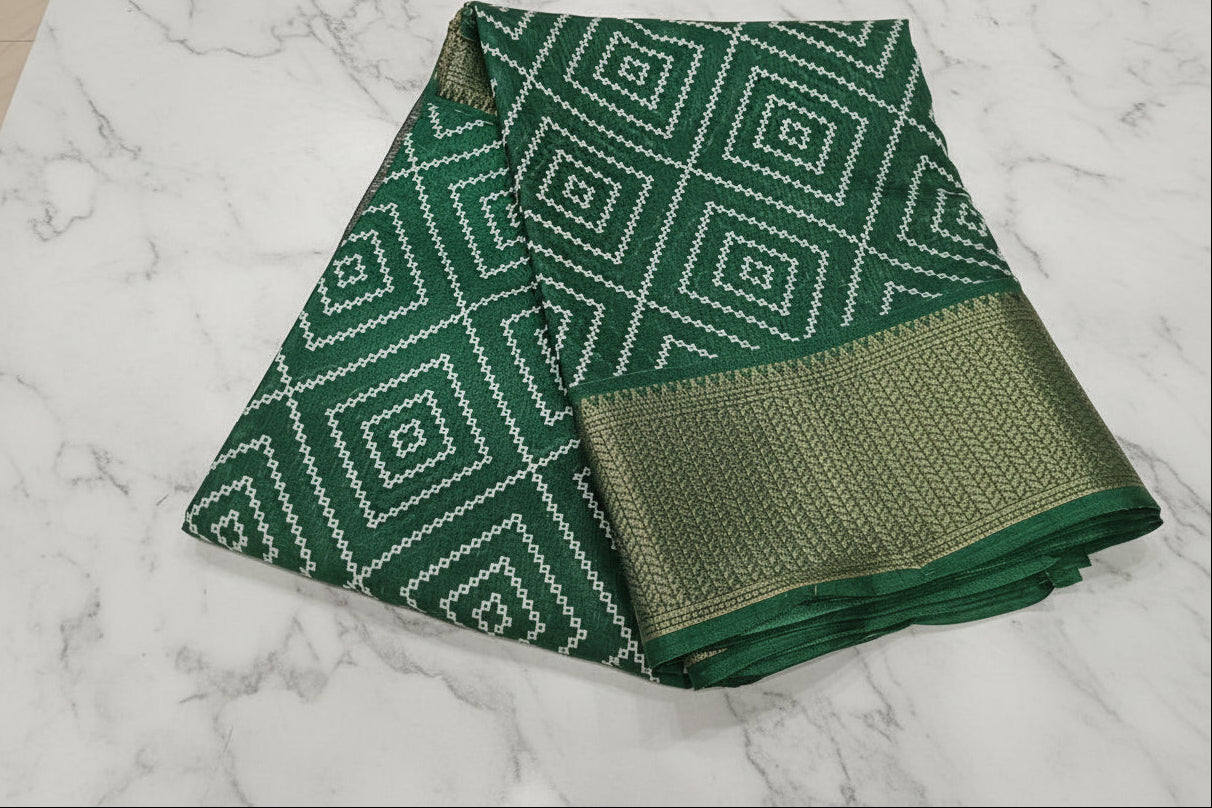Cotton Polyester Trendy Modern Saree with Flowy Drape in Geometric Diamond Printed Pattern in Green Color