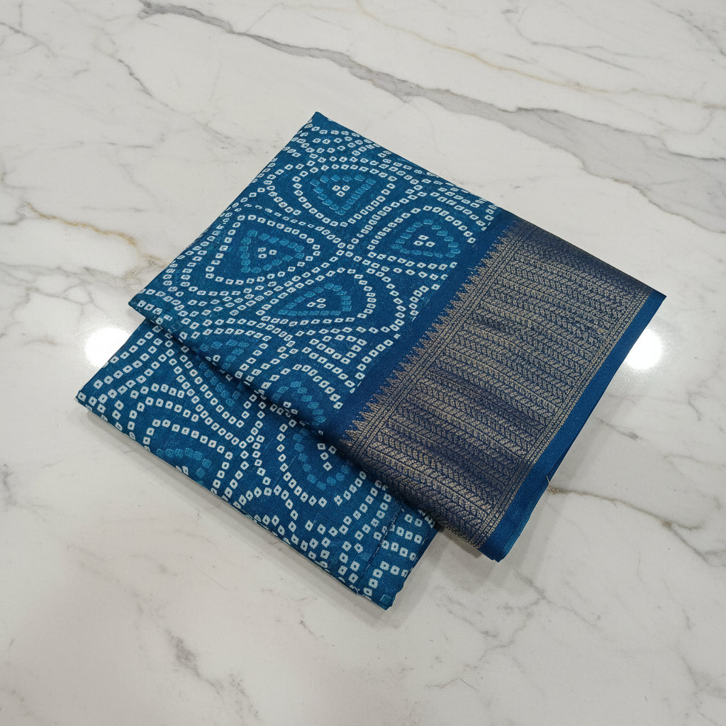 Cotton Polyester Trendy Modern Saree with Flowy Drape in Geometric Printed Pattern in Blue Color