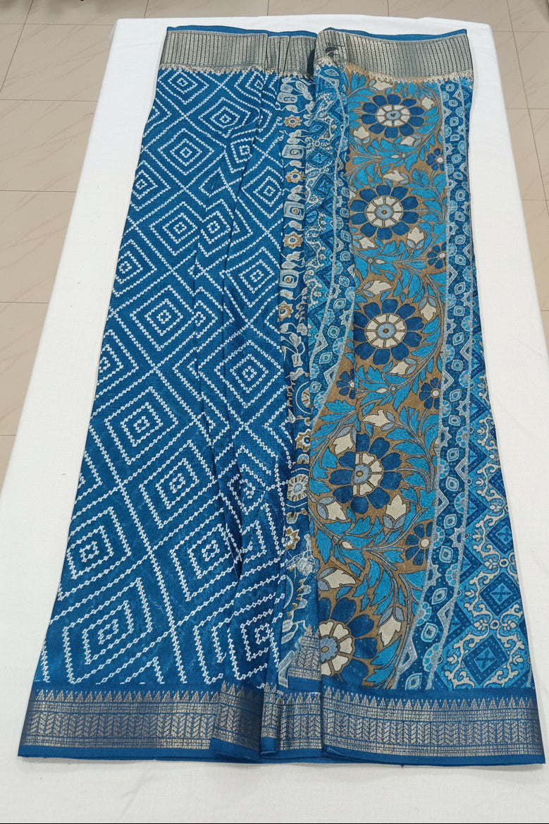 Cotton Polyester Trendy Modern Saree with Flowy Drape in Geometric Diamond Printed Pattern in Blue Color