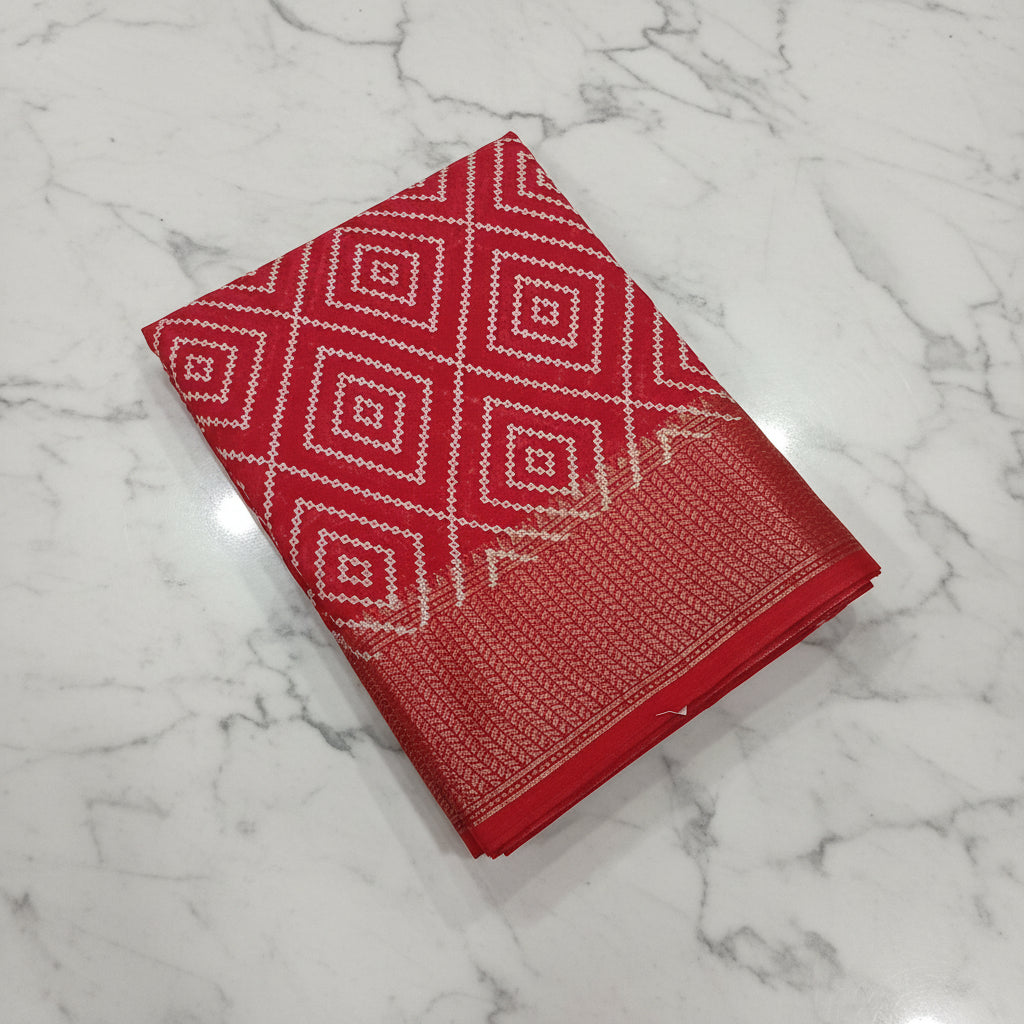 Cotton Polyester Trendy Modern Saree with Flowy Drape in Geometric Diamond Printed Pattern in Nice Red Color