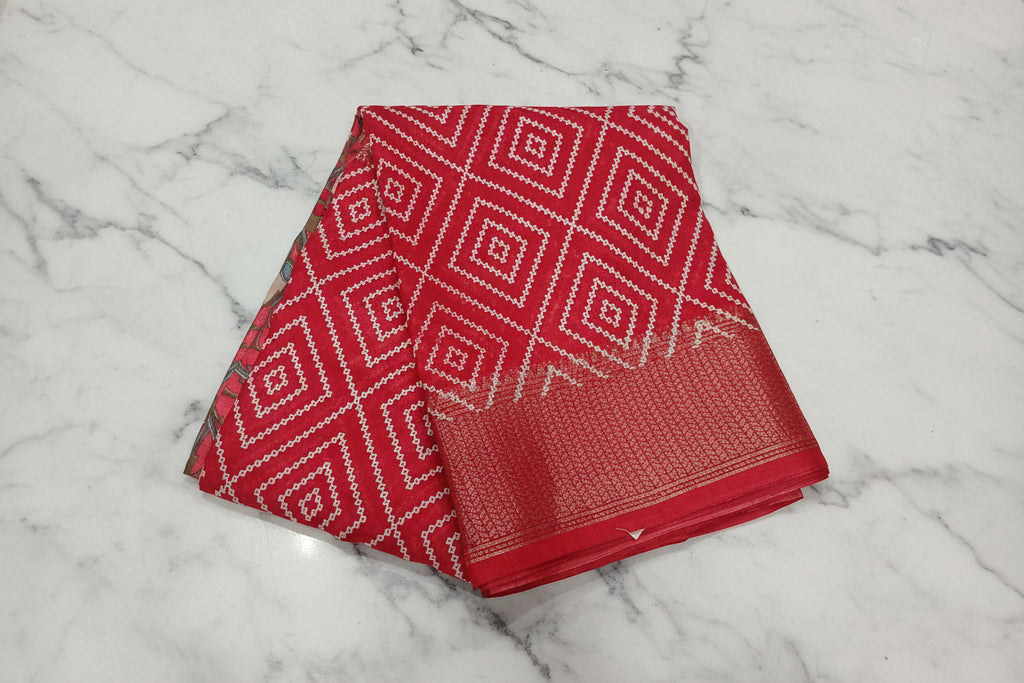 Cotton Polyester Trendy Modern Saree with Flowy Drape in Geometric Diamond Printed Pattern in Nice Red Color