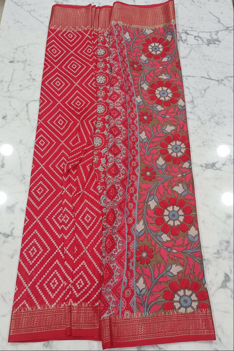 Cotton Polyester Trendy Modern Saree with Flowy Drape in Geometric Diamond Printed Pattern in Nice Red Color