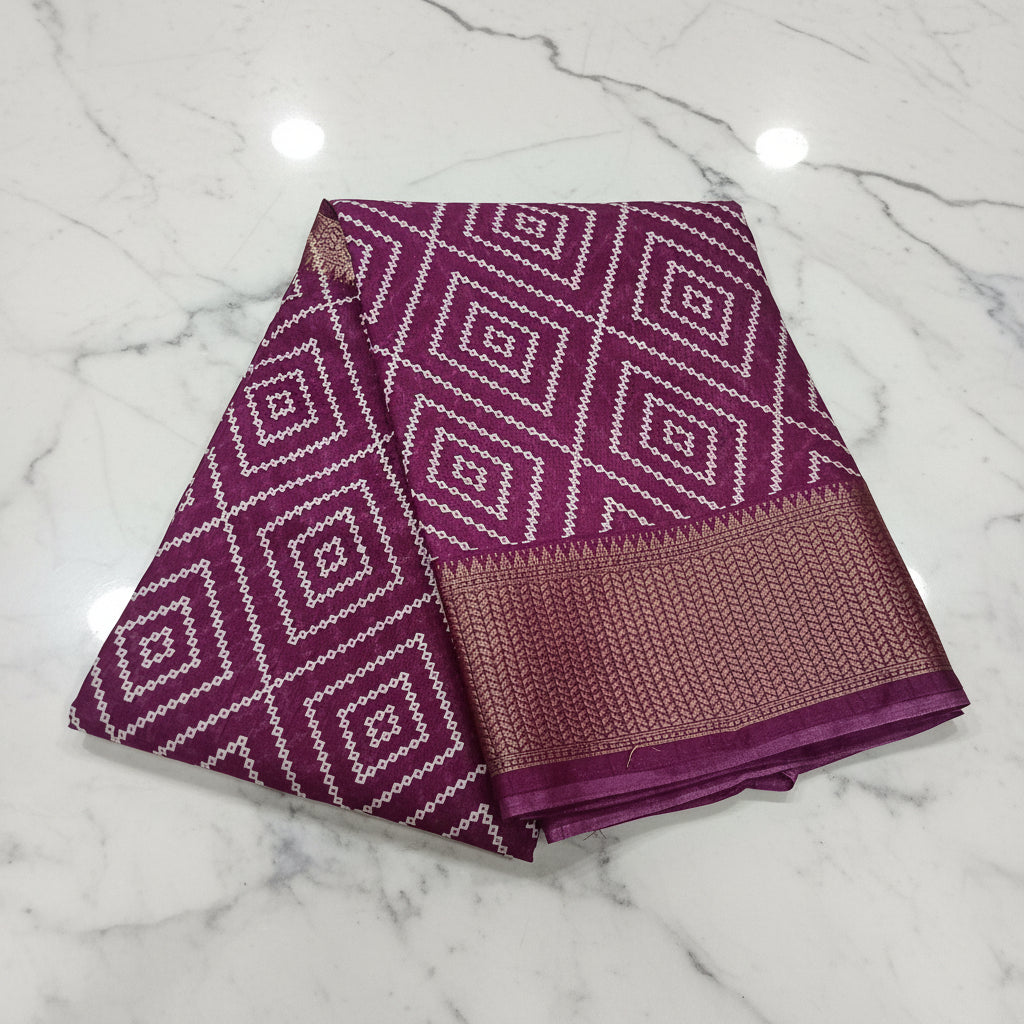 Cotton Polyester Trendy Modern Saree with Flowy Drape in Geometric Diamond Printed Pattern in Dark Lilac Color
