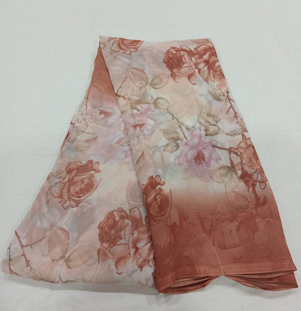 Georgette Chiffon Saree with Rose Flower printed in Brown Color
