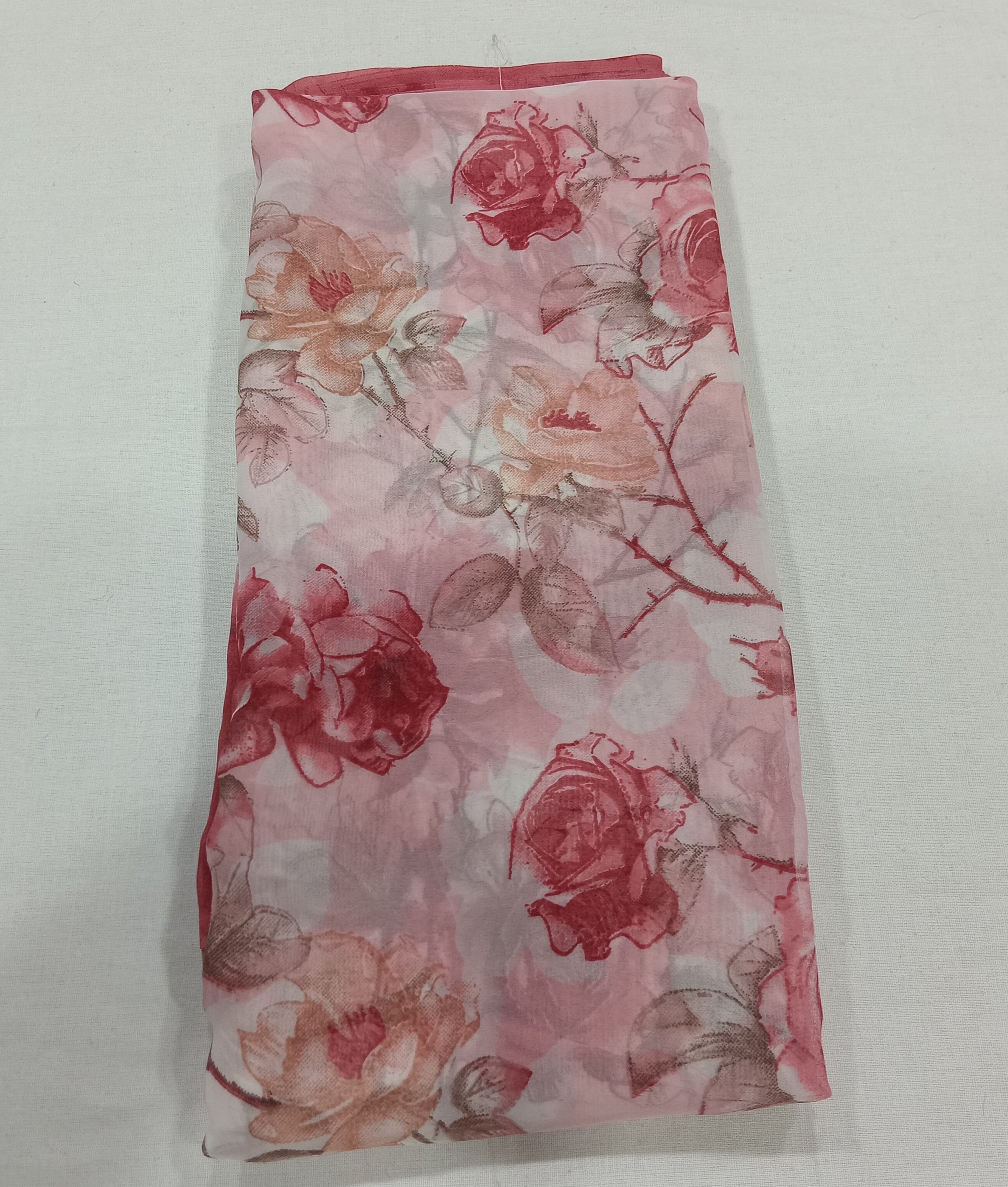Georgette Chiffon Saree with Rose Flower printed in Reddish Brown Color