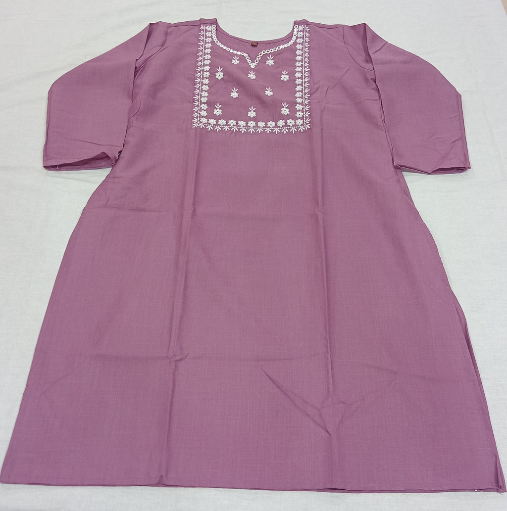 Cotton Kurti Embroidered Straight Cut with Side Slits in Light Purple Color