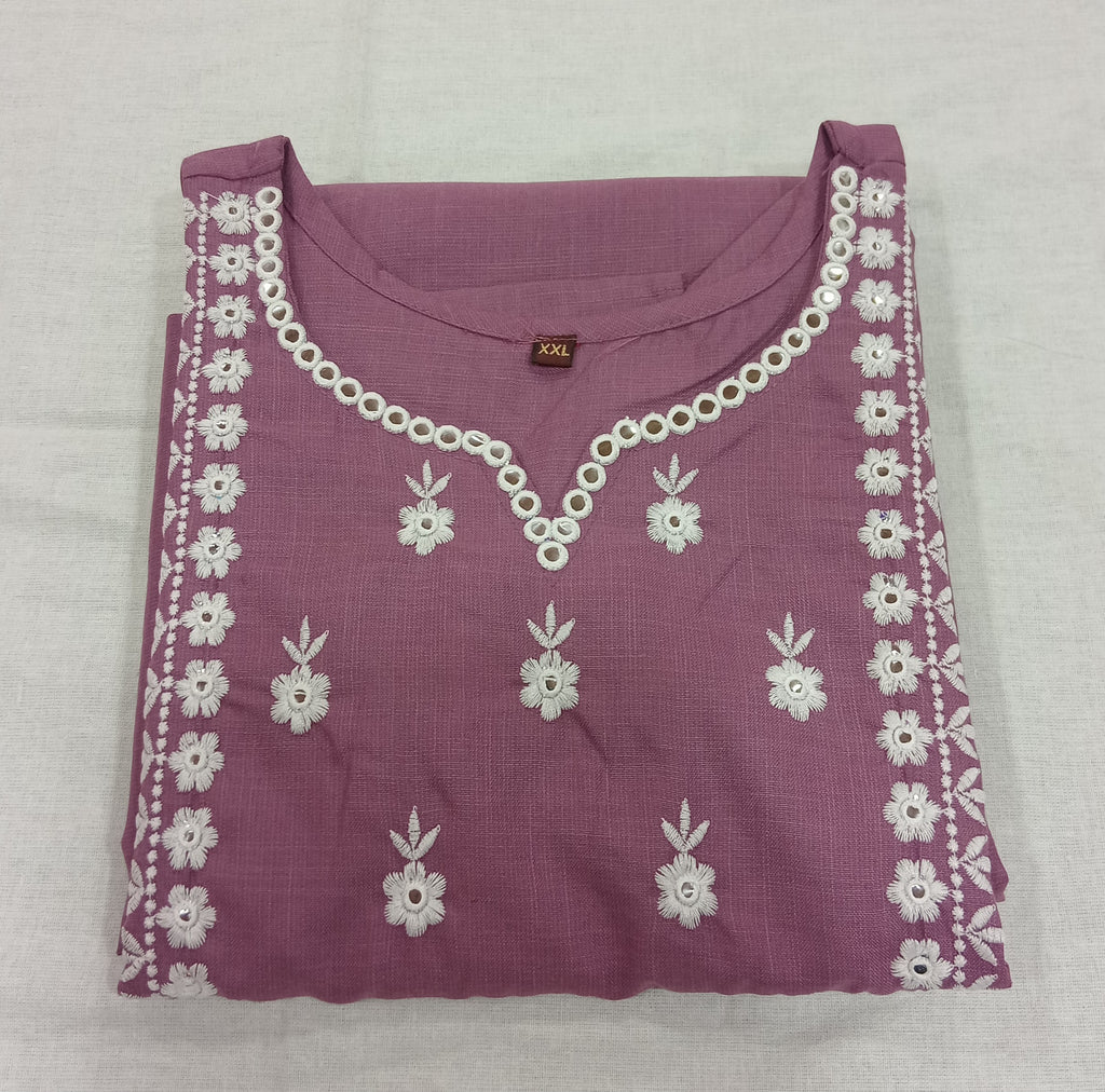 Cotton Kurti Embroidered Straight Cut with Side Slits in Light Purple Color