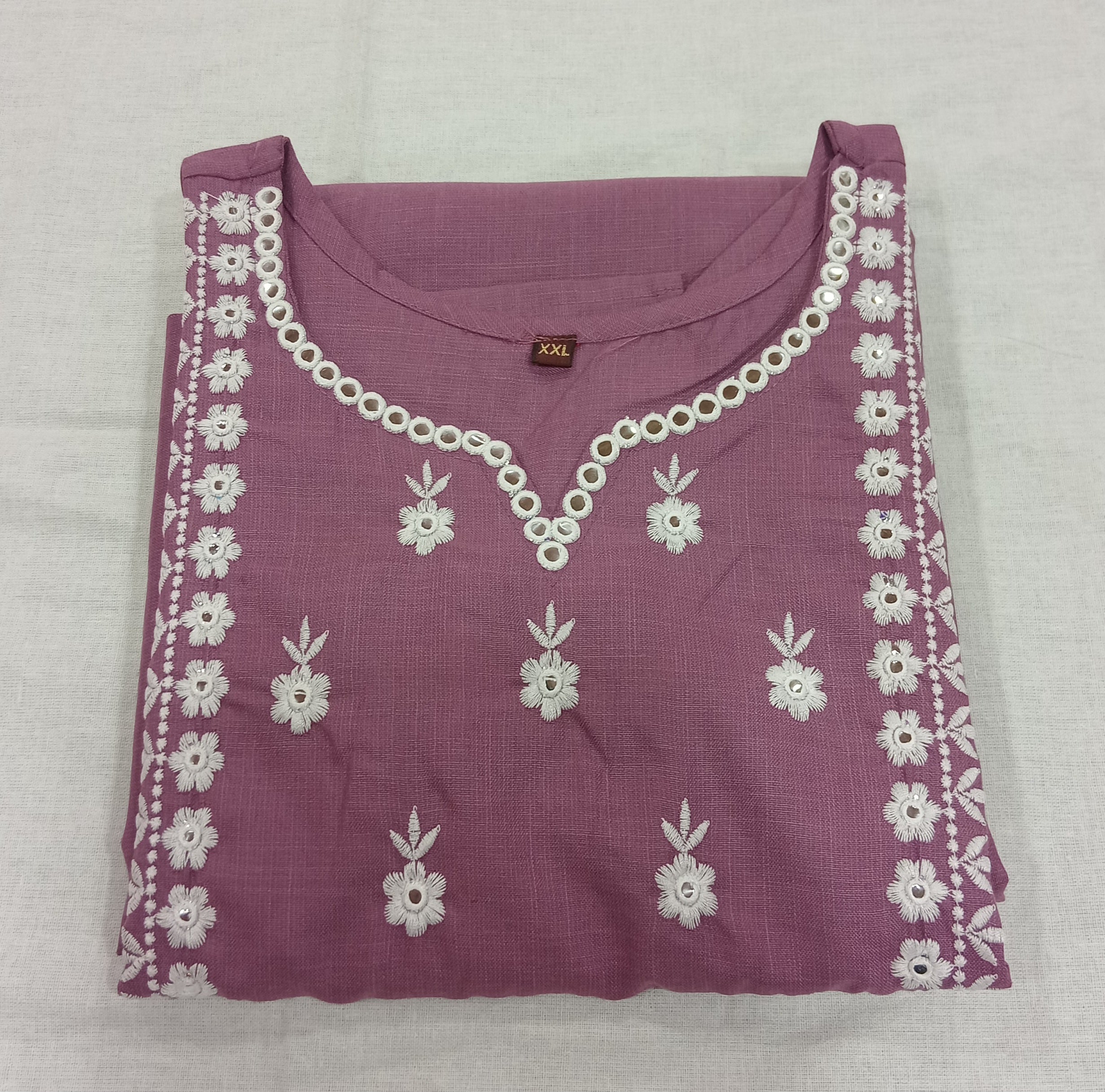Cotton Kurti Embroidered Straight Cut with Side Slits in Light Purple Color