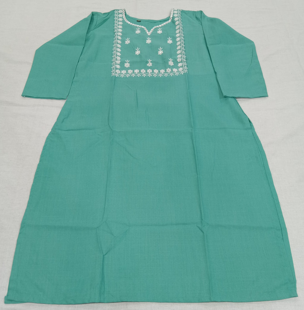 Cotton Kurti Embroidered Straight Cut with Side Slits in Light Green Color