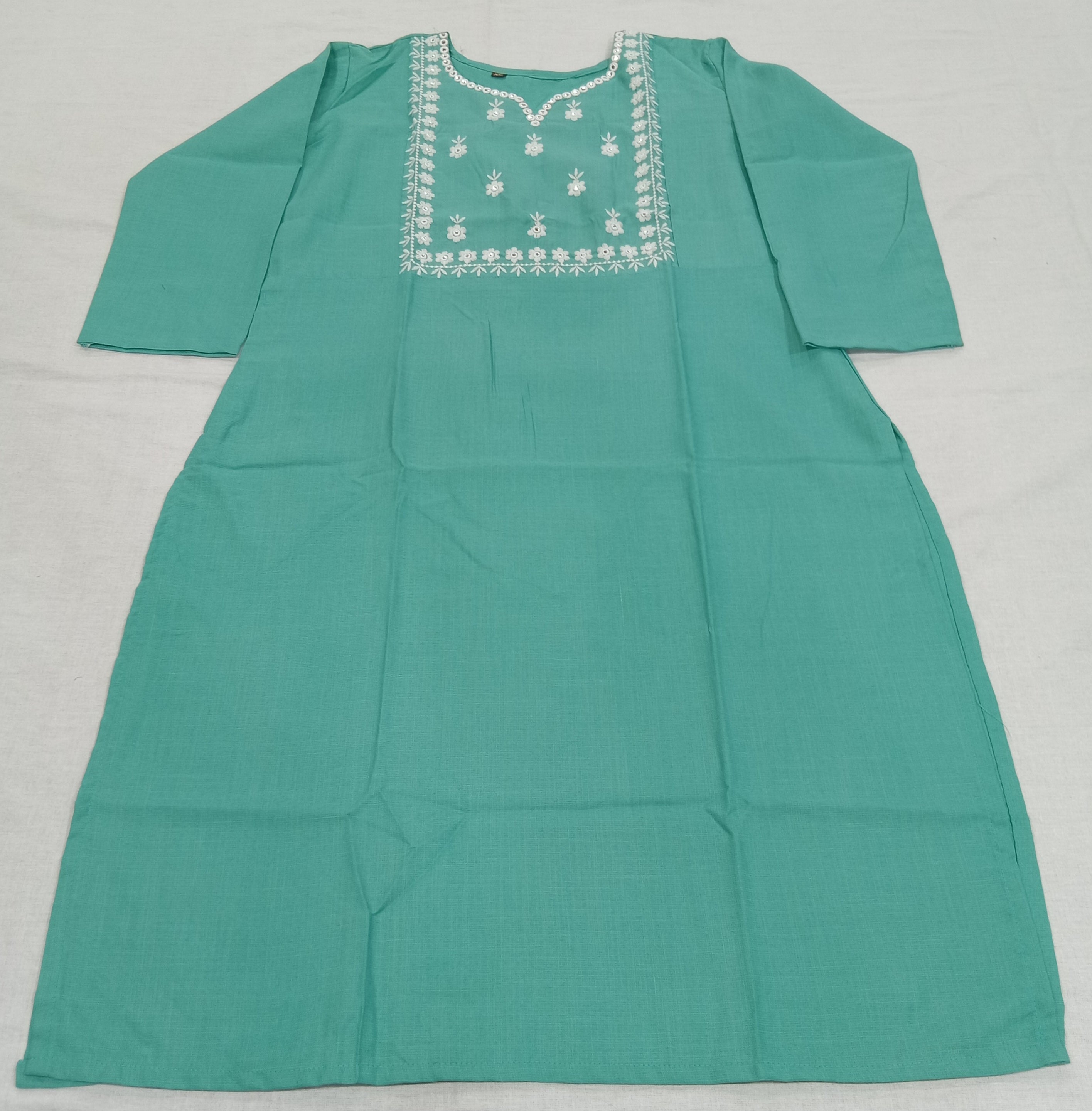 Cotton Kurti Embroidered Straight Cut with Side Slits in Light Green Color