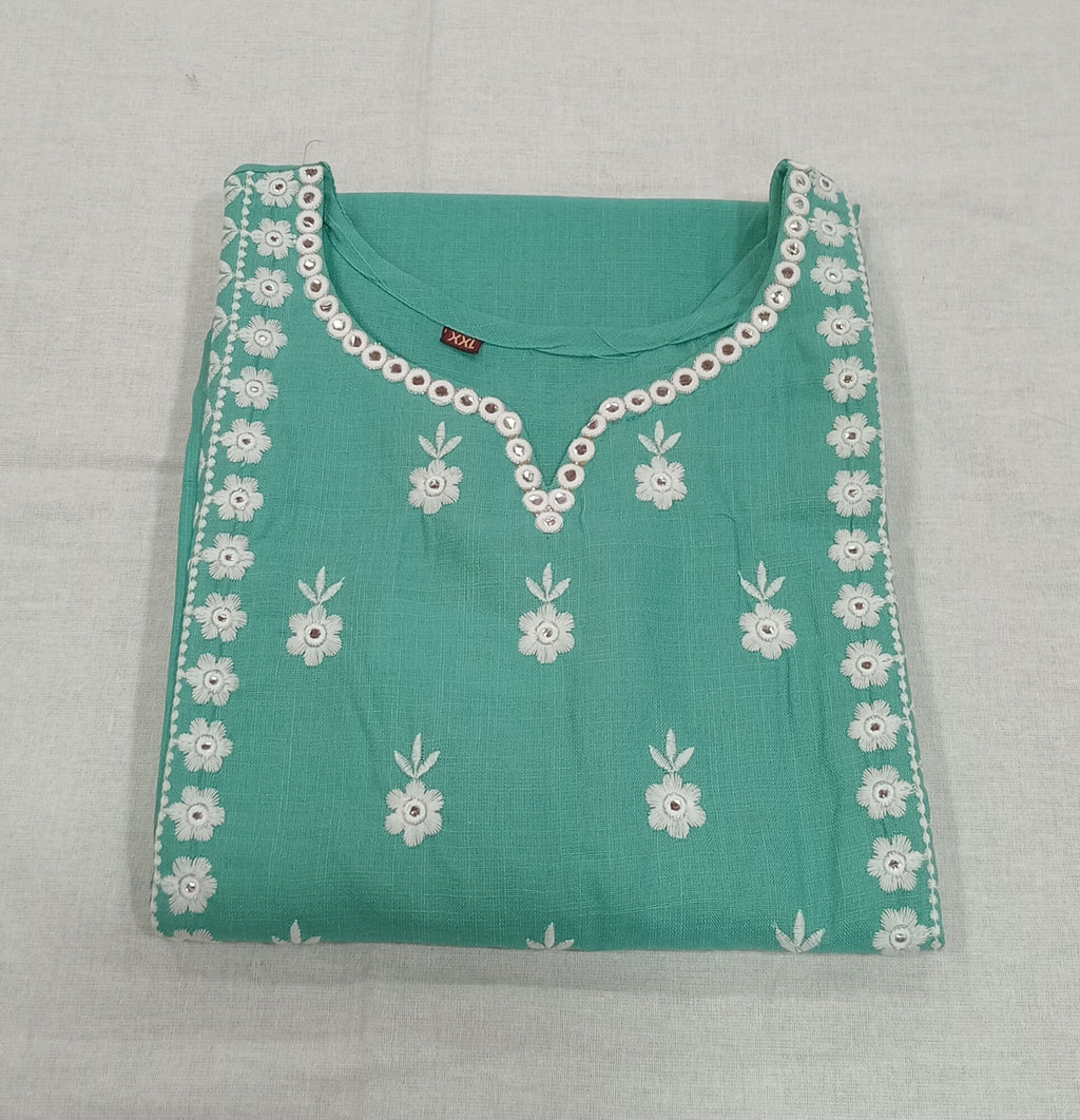 Cotton Kurti Embroidered Straight Cut with Side Slits in Light Green Color