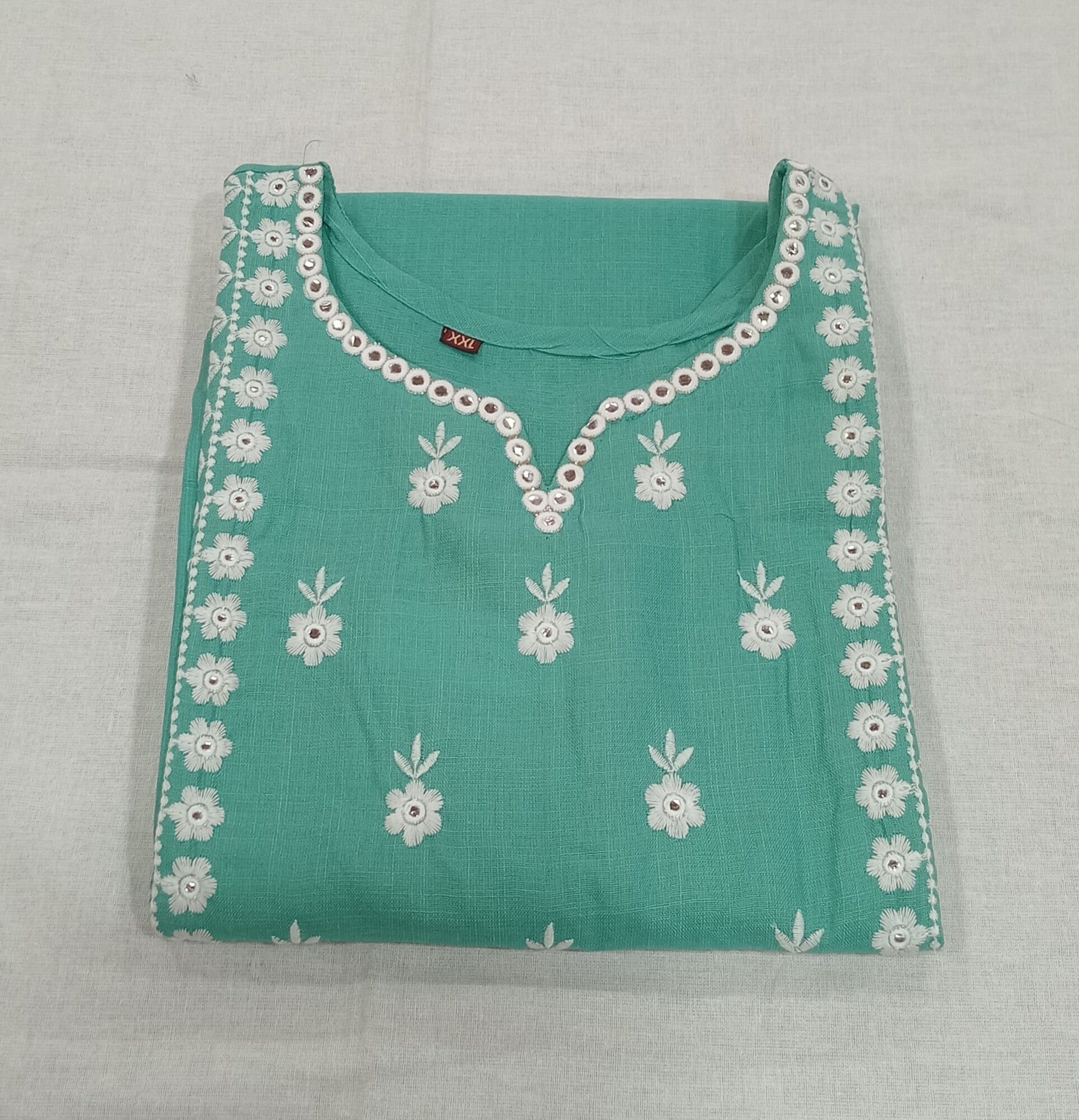 Cotton Kurti Embroidered Straight Cut with Side Slits in Light Green Color