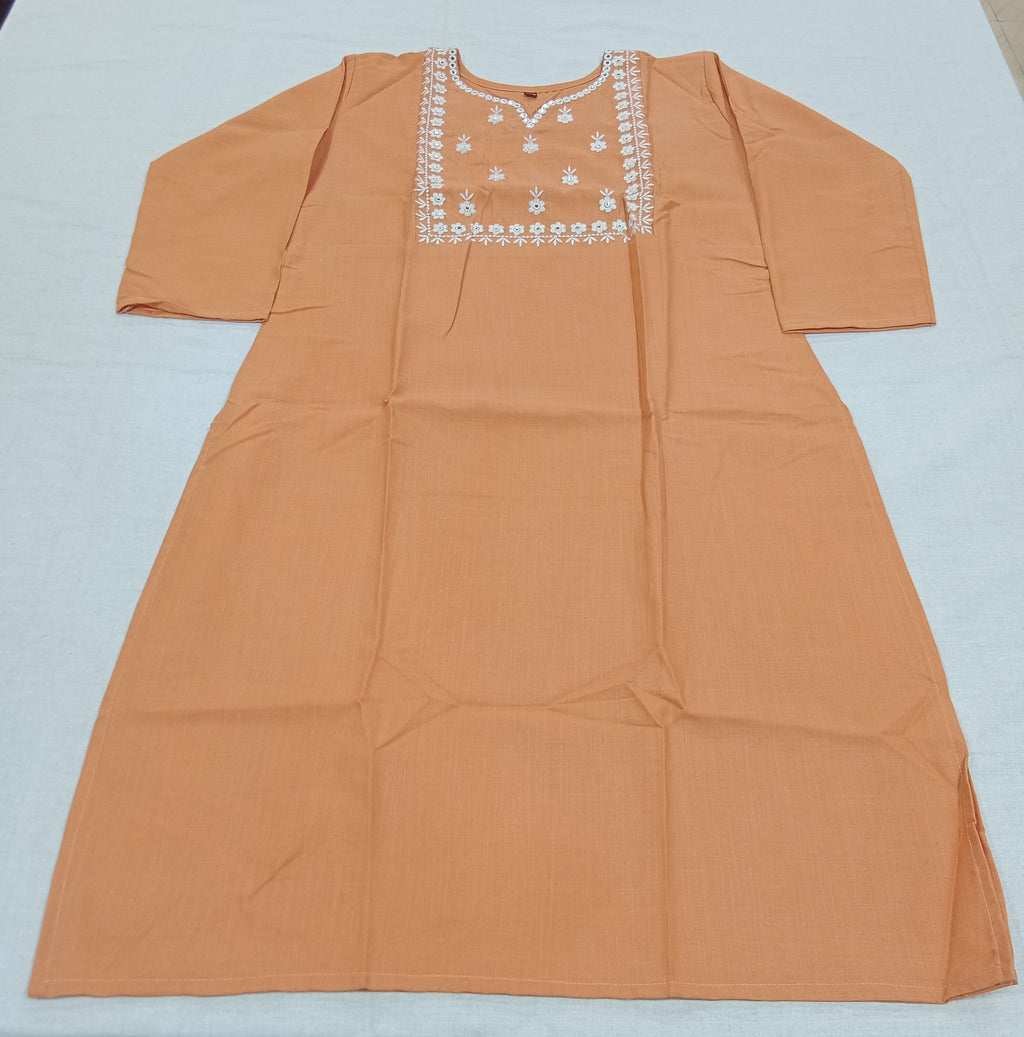Cotton Kurti Embroidered Straight Cut with Side Slits in Yellow Color