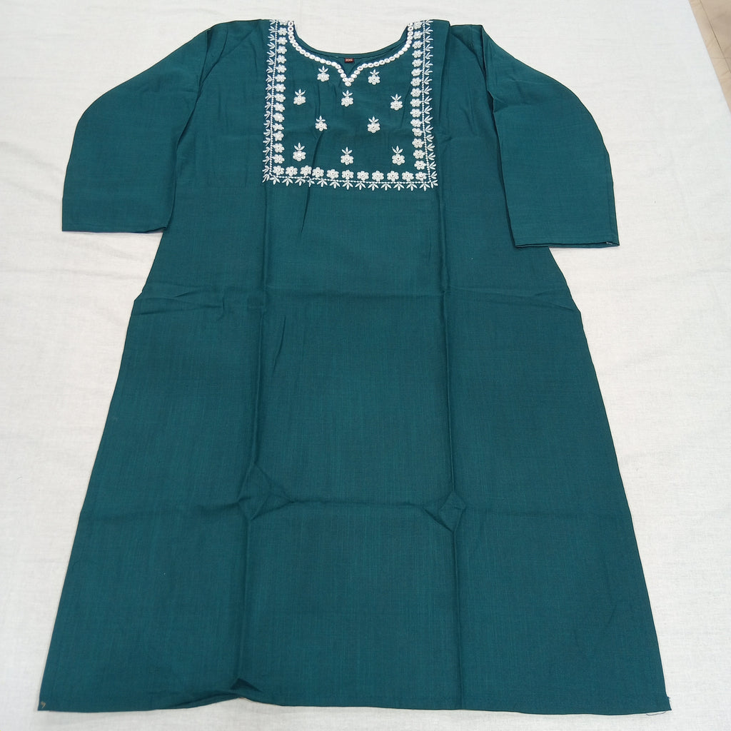 Cotton Kurti Embroidered Straight Cut with Side Slits in Dark Turquoise color