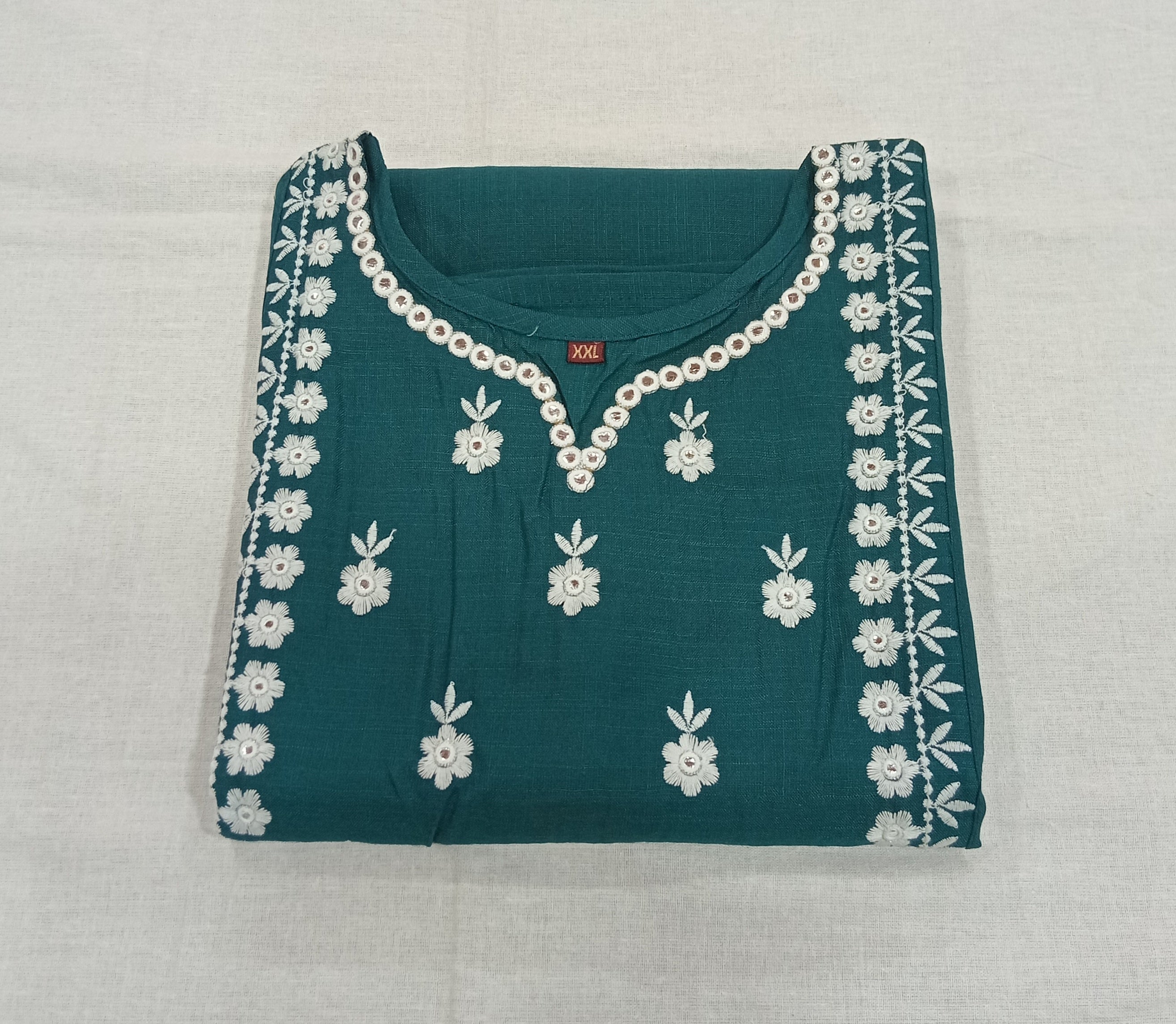 Cotton Kurti Embroidered Straight Cut with Side Slits in Dark Turquoise color