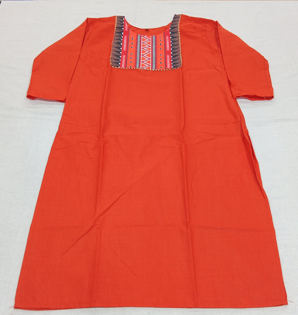 Cotton Kurti Straight Cut Side Slits with Front Applique in Orange Color