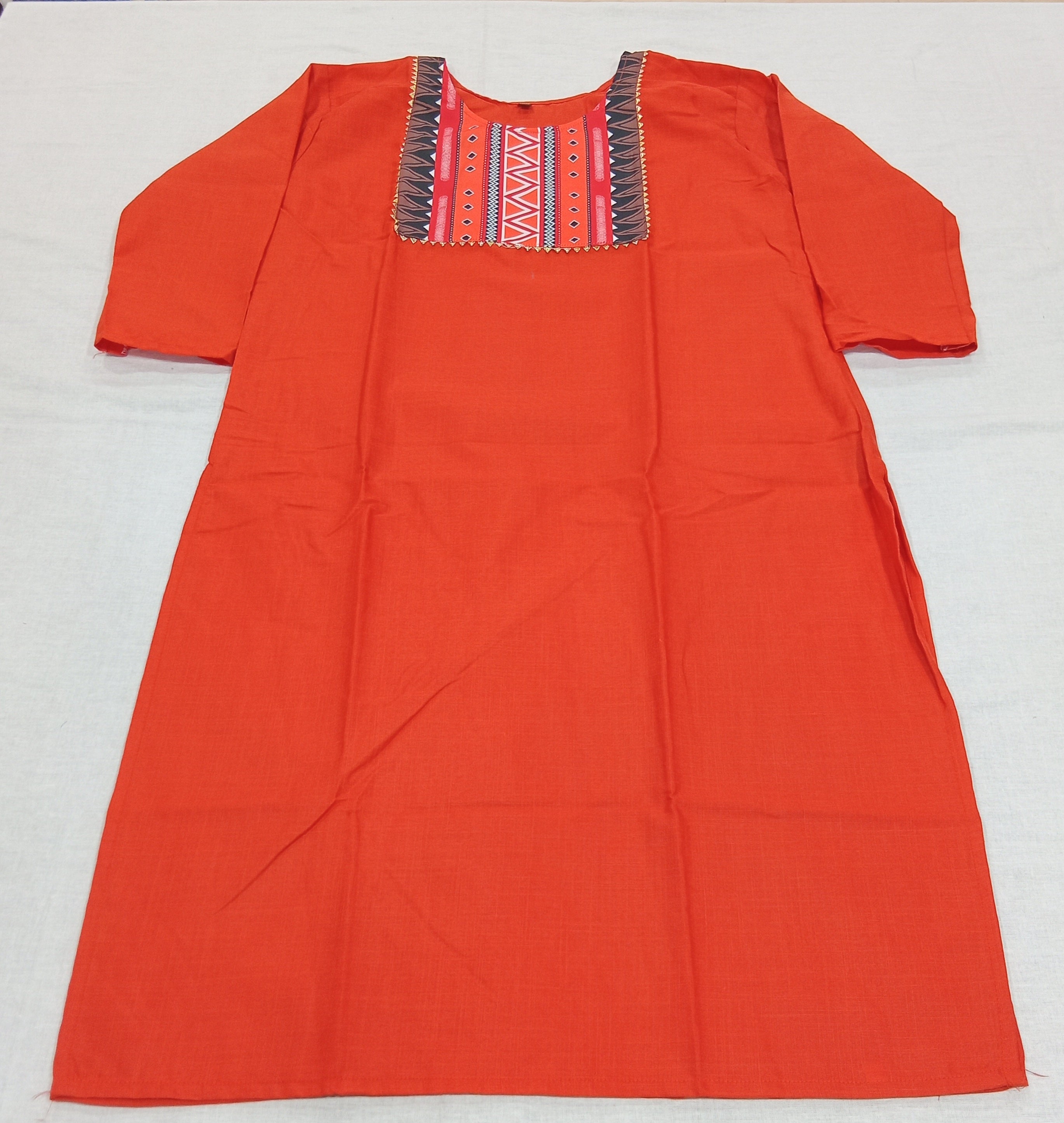 Cotton Kurti Straight Cut Side Slits with Front Applique in Orange Color
