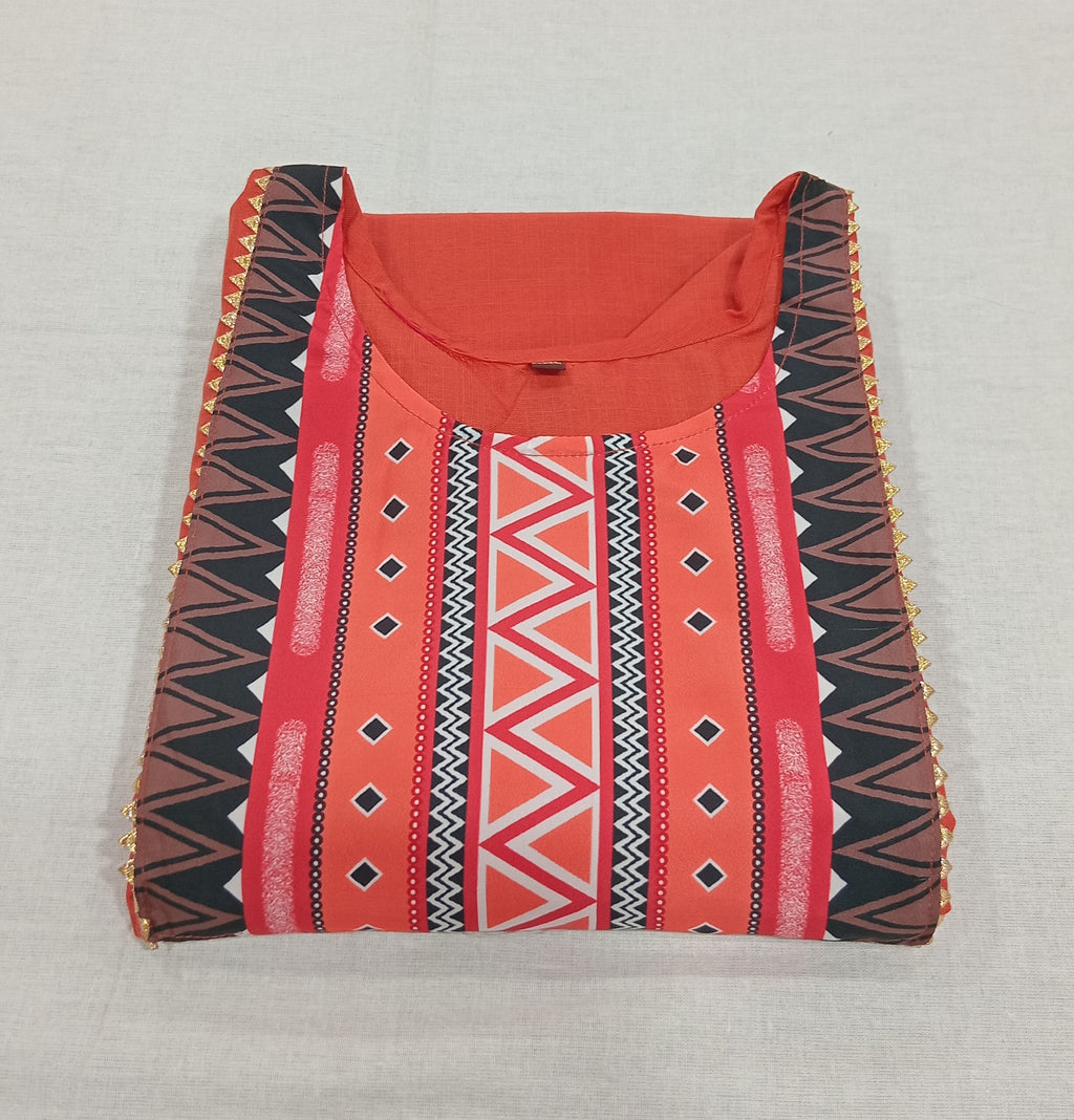 Cotton Kurti Straight Cut Side Slits with Front Applique in Orange Color