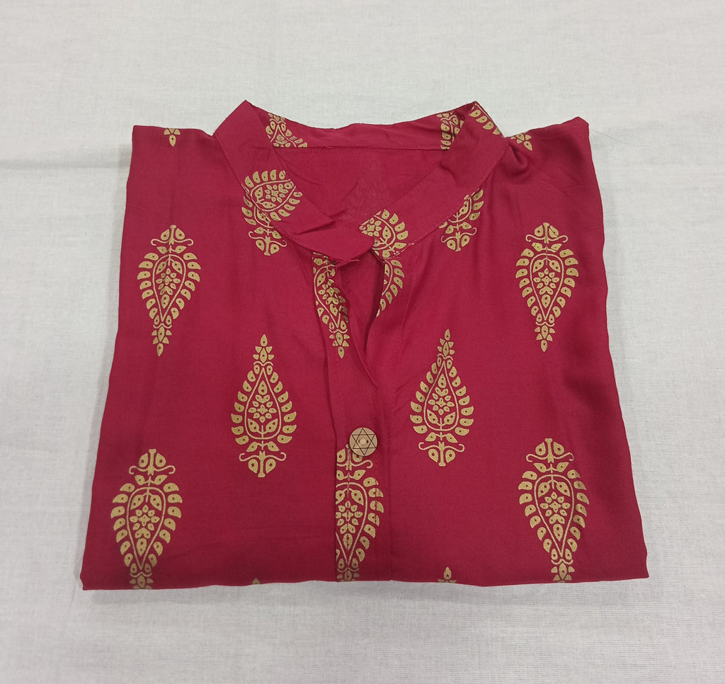 Cotton Kurti Straight Cut with mango shape buttas in Red Color