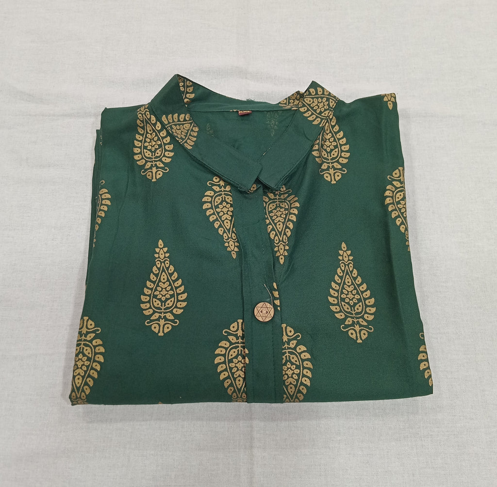 Cotton Kurti Straight Cut with mango shape buttas in Dark Green Color