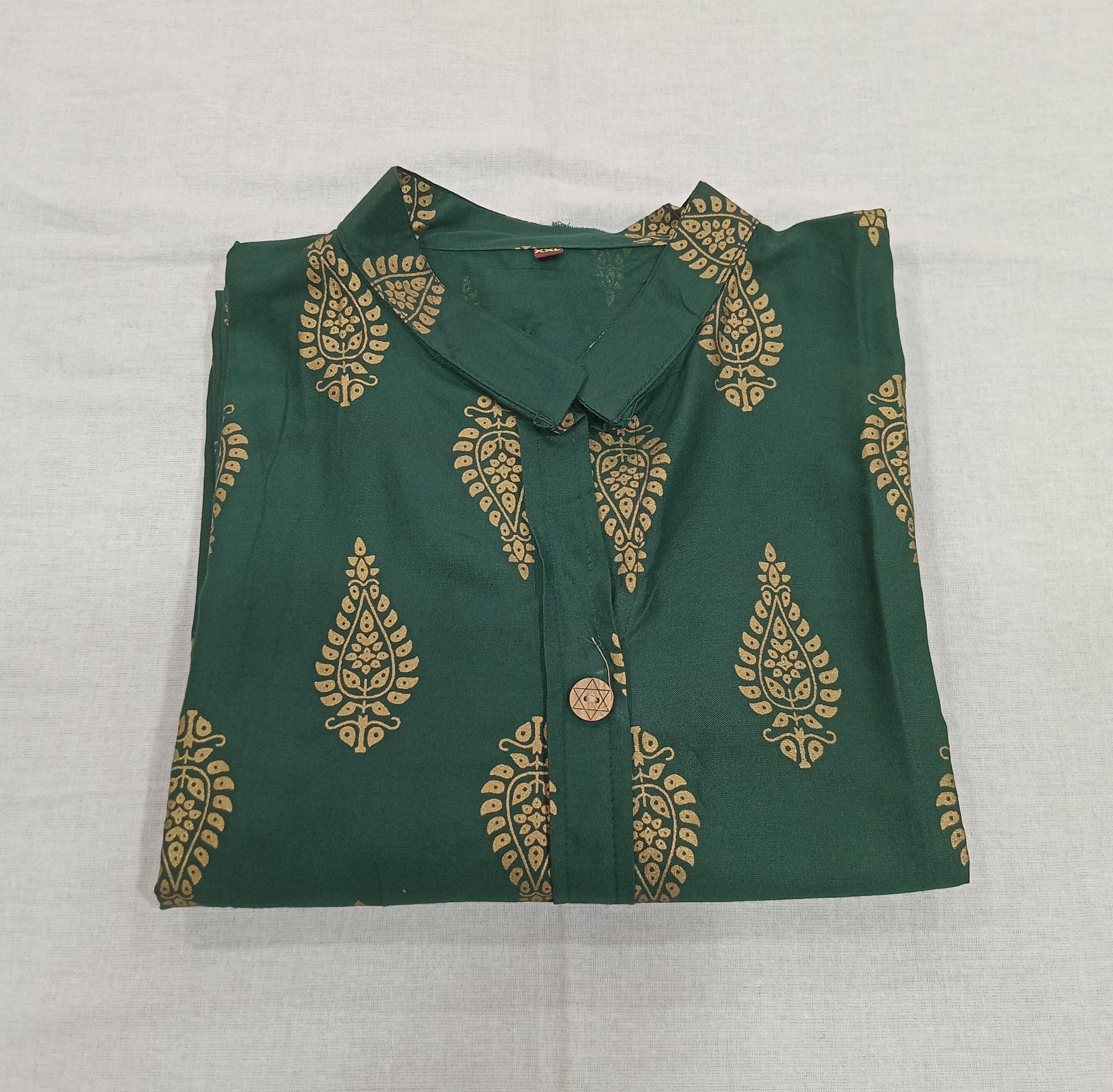 Cotton Kurti Straight Cut with mango shape buttas in Dark Green Color