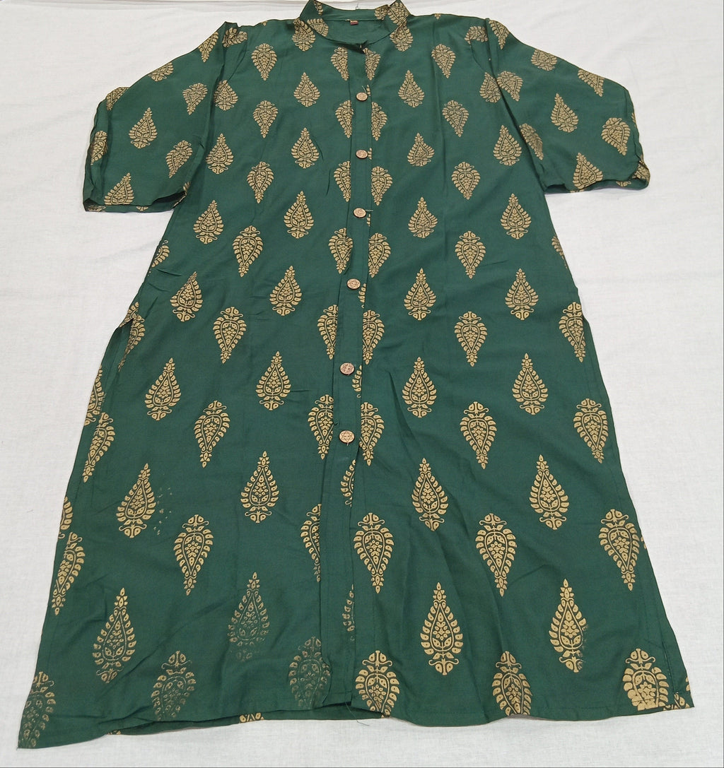 Cotton Kurti Straight Cut with mango shape buttas in Dark Green Color