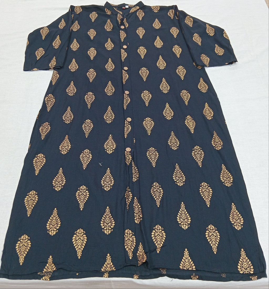 Cotton Kurti Straight Cut with mango shape buttas in Navy Blue Color