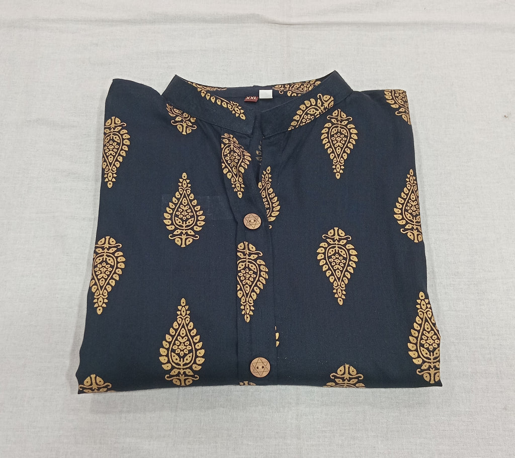 Cotton Kurti Straight Cut with mango shape buttas in Navy Blue Color