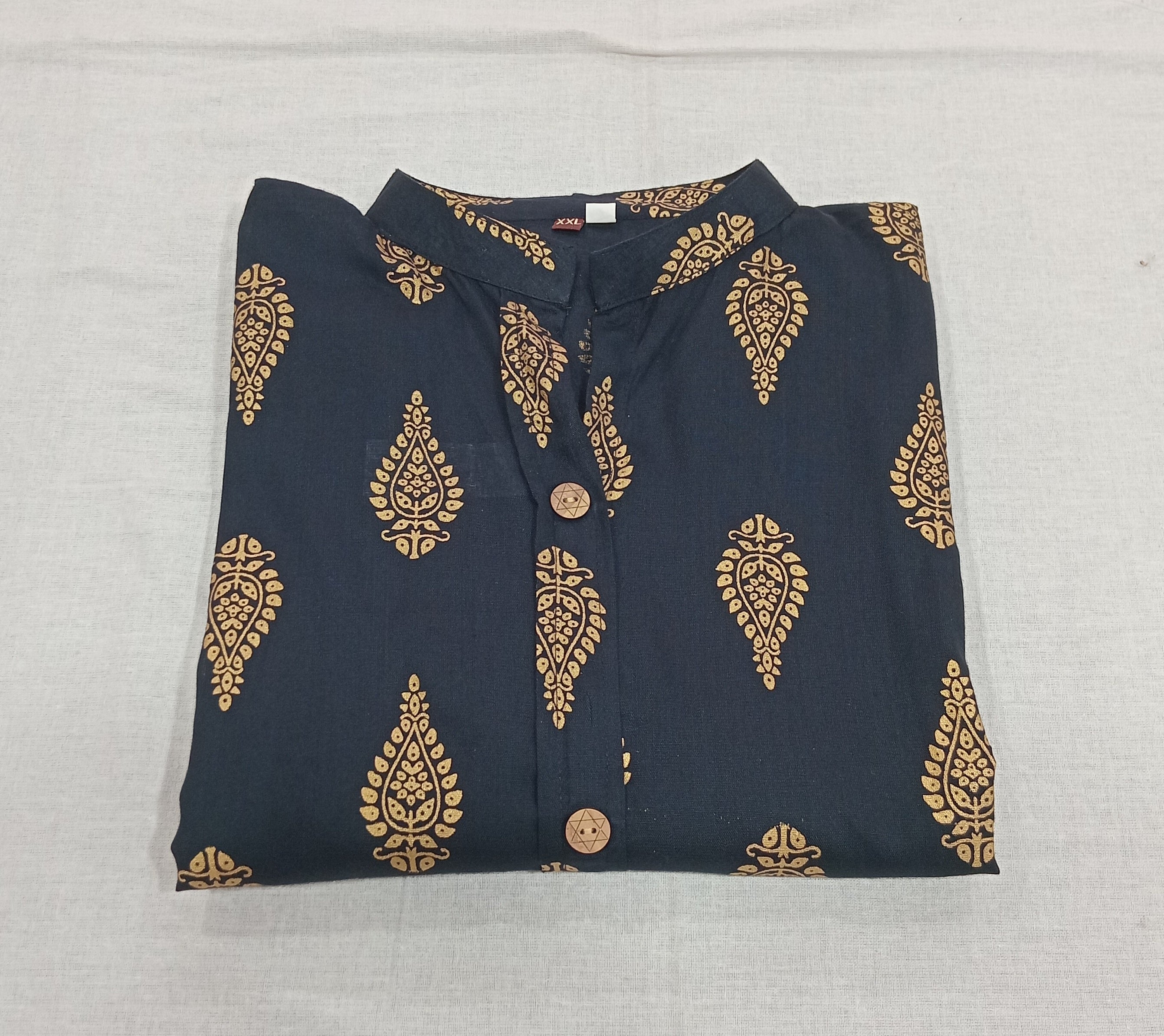 Cotton Kurti Straight Cut with mango shape buttas in Navy Blue Color