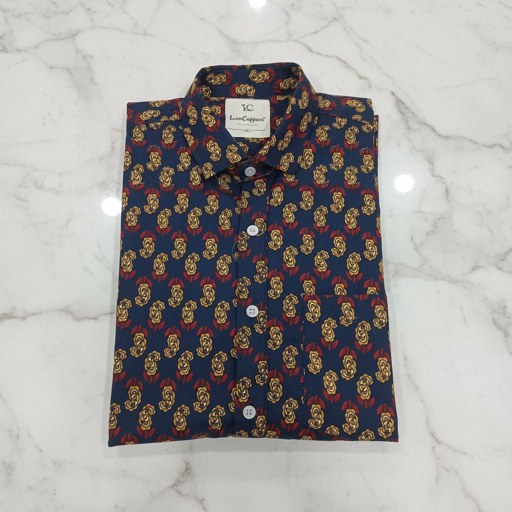 Cotton Mens Half Sleeve Shirt with Mango Printed Pattern in Navy Blue Color, Size Large