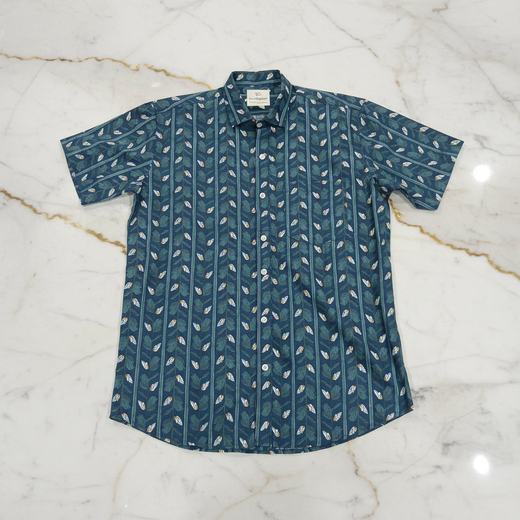 Cotton Mens Half Sleeve Shirt with White Flower Printed Pattern in Bluish Grey Color, Size Large