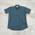 Cotton Mens Half Sleeve Shirt with White Flower Printed Pattern in Bluish Grey Color, Size Large
