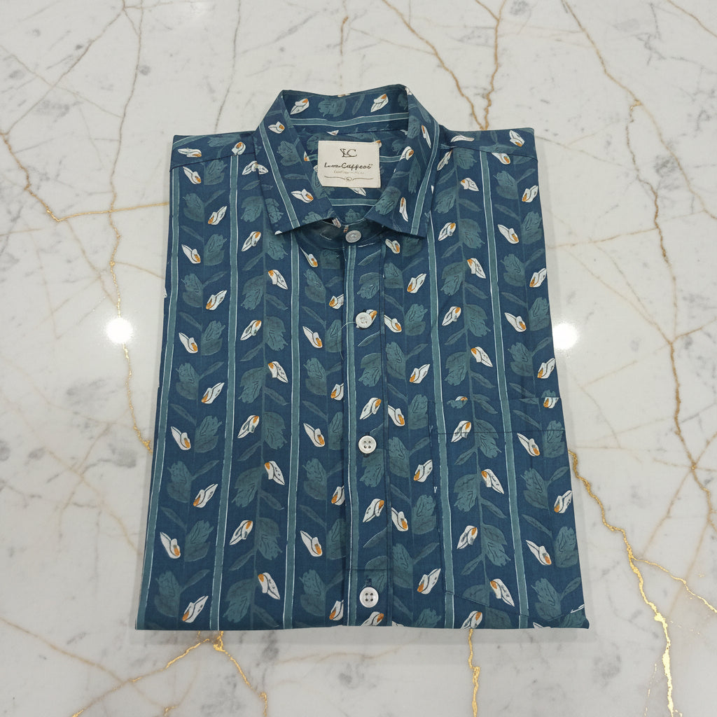 Cotton Mens Half Sleeve Shirt with White Flower Printed Pattern in Bluish Grey Color, Size Large