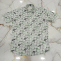Cotton Mens Half Sleeve Shirt with Green Elephants Printed Pattern in Cream Color, Size Large