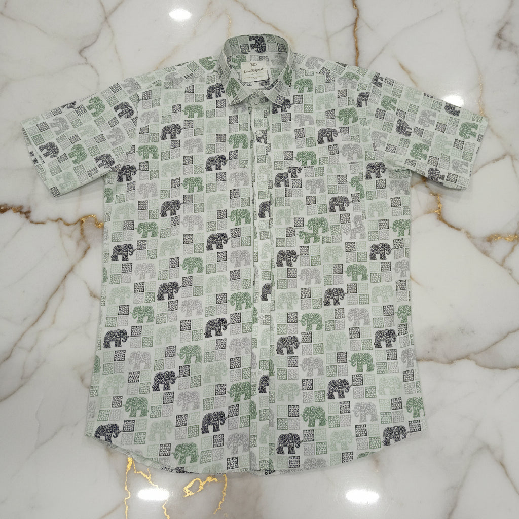 Cotton Mens Half Sleeve Shirt with Green Elephants Printed Pattern in Cream Color, Size Large