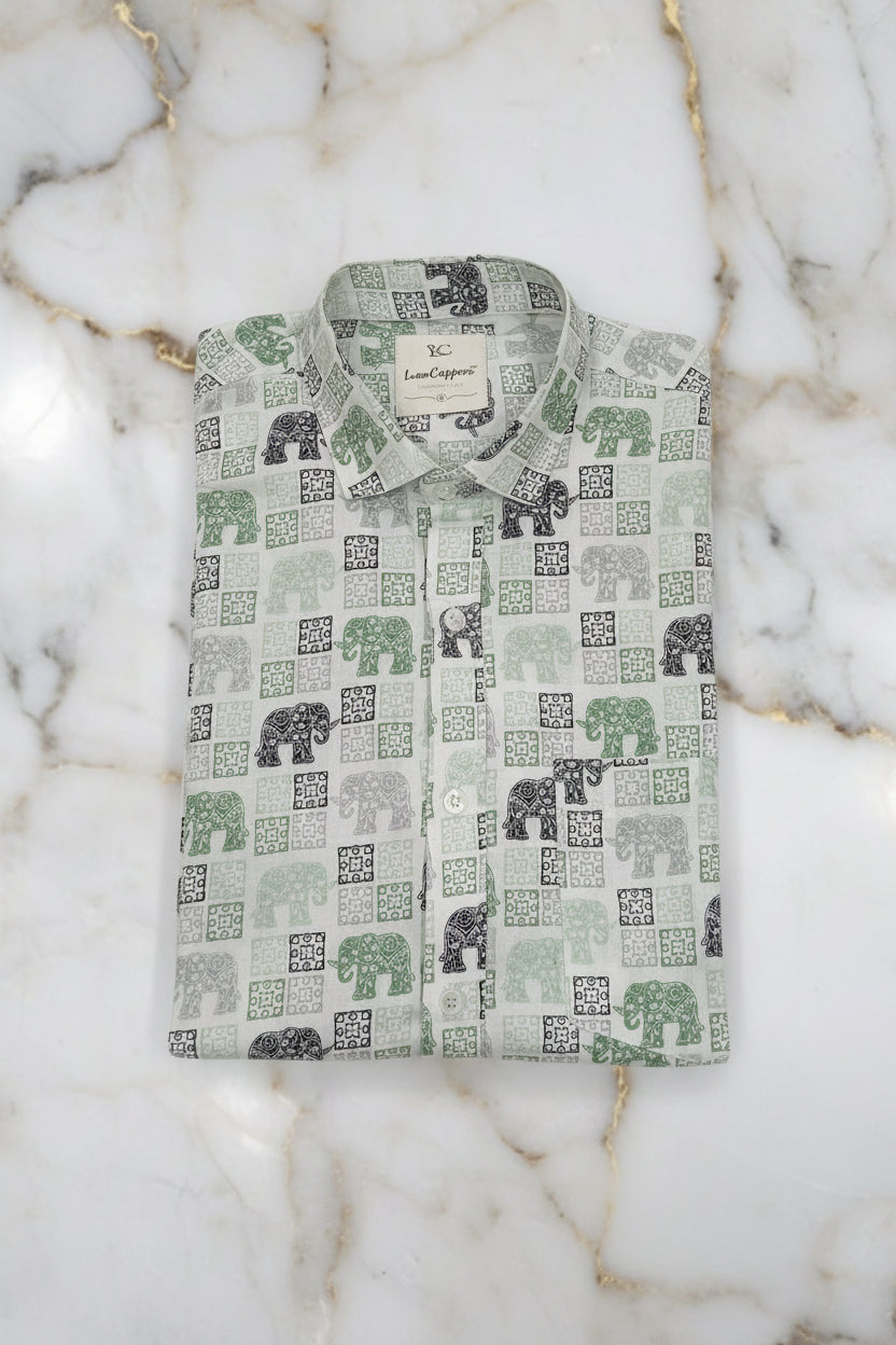 Cotton Mens Half Sleeve Shirt with Green Elephants Printed Pattern in Cream Color, Size Large
