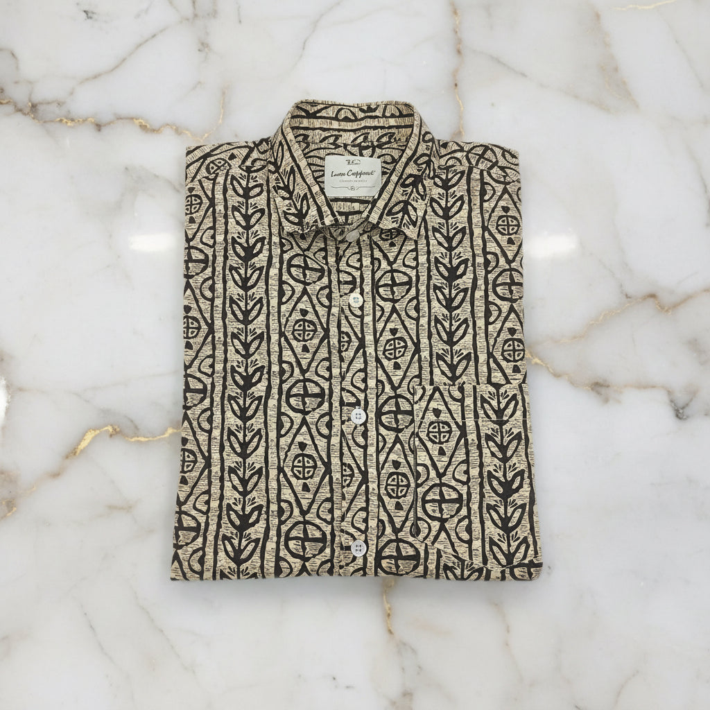 Cotton Mens Half Sleeve Shirt with Trendy Leaf Printed Pattern in Creamish Yellow Color, Size Large