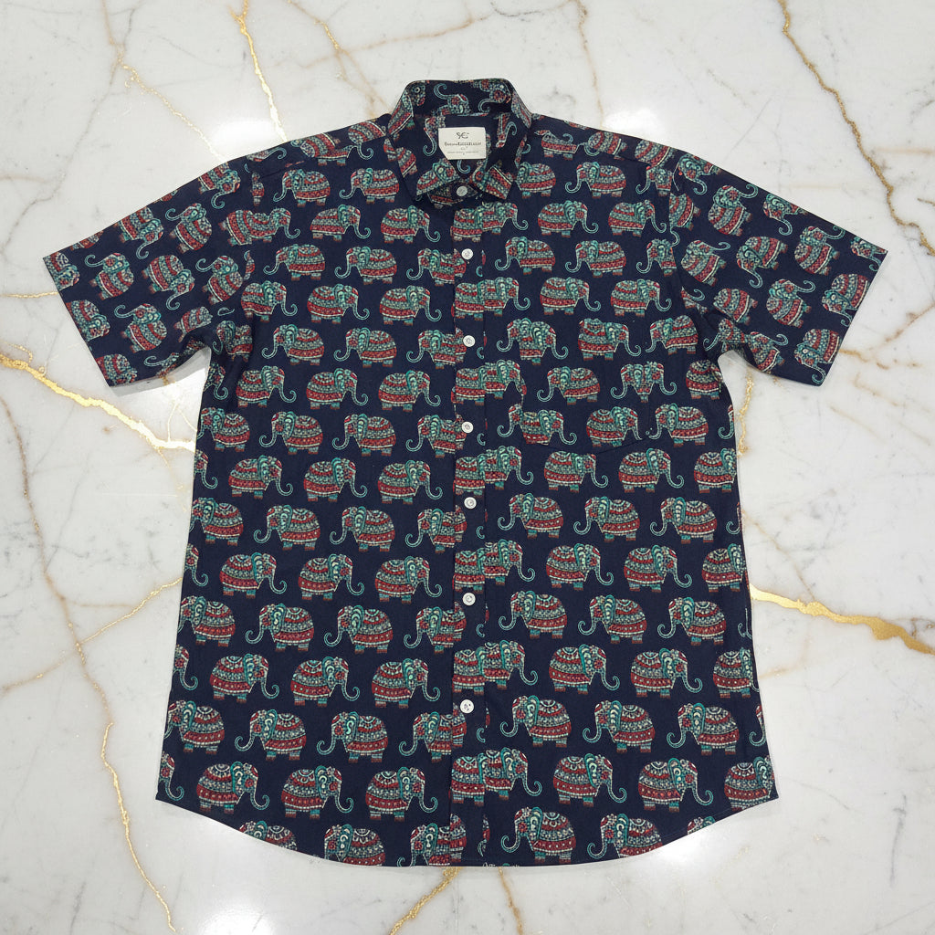 Cotton Mens Half Sleeve Shirt with Decorated Elephant Printed Pattern in Navy Blue Color, Size Large
