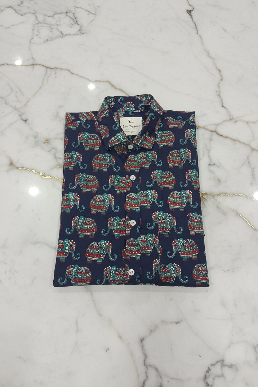 Cotton Mens Half Sleeve Shirt with Decorated Elephant Printed Pattern in Navy Blue Color, Size Large