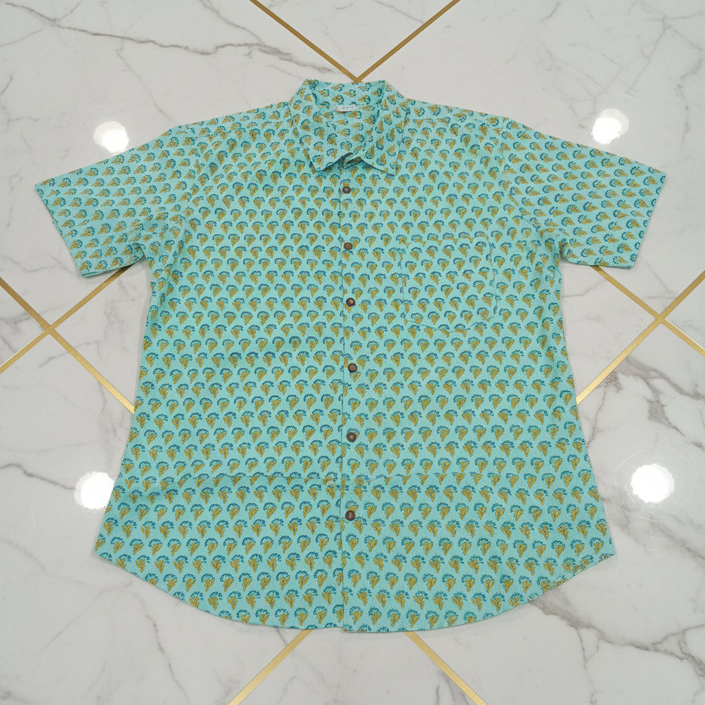 Cotton Mens Half Sleeve Shirt with Yellow Flower Printed Pattern in Mint Green Color, Size Large
