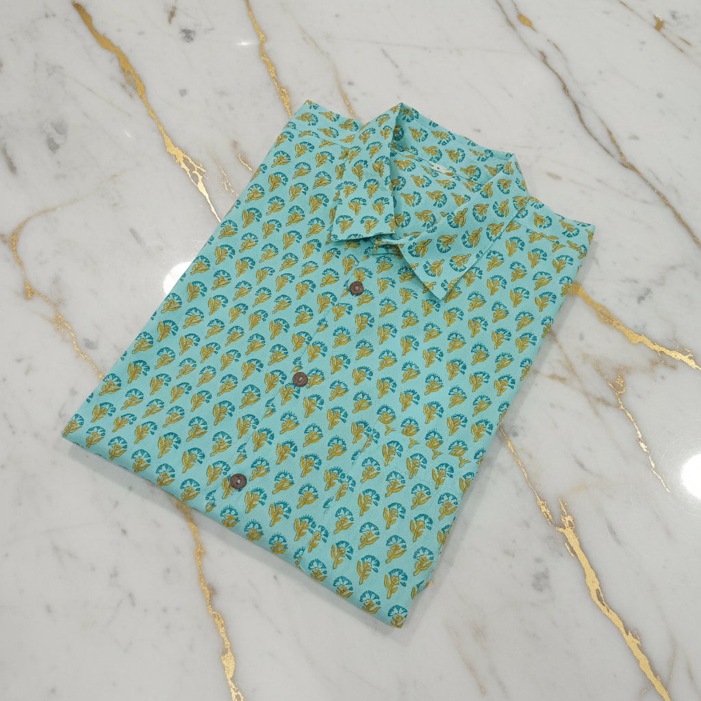 Cotton Mens Half Sleeve Shirt with Yellow Flower Printed Pattern in Mint Green Color, Size Large