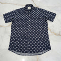 Cotton Mens Half Sleeve Shirt with White Flower Printed Pattern in Navy Blue Color, Size Large