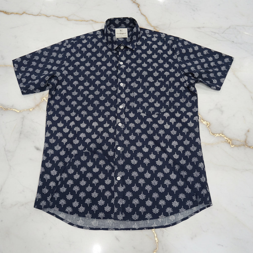 Cotton Mens Half Sleeve Shirt with White Flower Printed Pattern in Navy Blue Color, Size Large